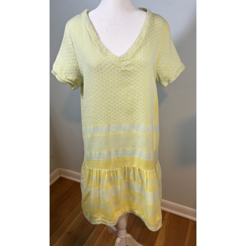 Cecilie Copenhagen Dress 2 V Short Sleeve Yellow Blue Cotton Kufiya Sz 2/US M-Lg